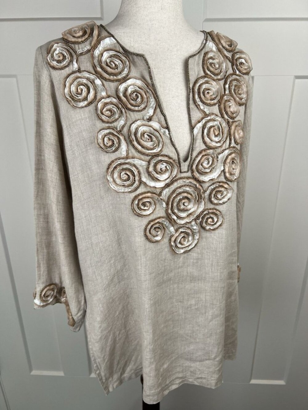 Key Lime & Pink Linen Tunic M Embellished Rosette Beaded Boho Top 3/4 Sleeve - Picture 7 of 11